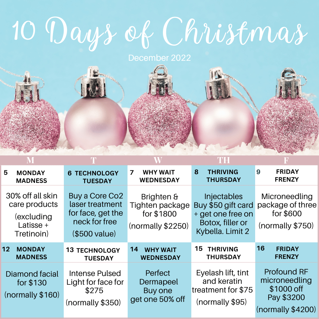 10-day calendar for holiday skincare specials at columbia skin clinic
