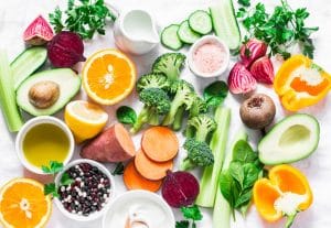 fruits and vegetables depicting nutrition for healthy skin